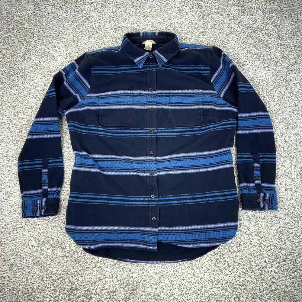 Duluth Trading Shirt Womens XL Blue Stripe Flannel Heavy Button Workwear Shacket